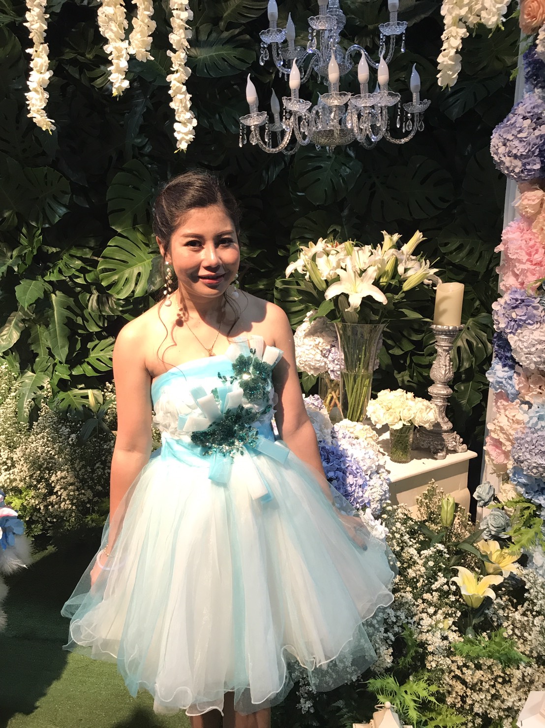 พร้อมเช่า ชุดแฟนซี เช่า 500 ชุดราตรีสั้น เกาะอก สีฟ้า ช่วงอกแต่งดอกเก๋มาก น่ารักฟรุ้งฟริ้ง