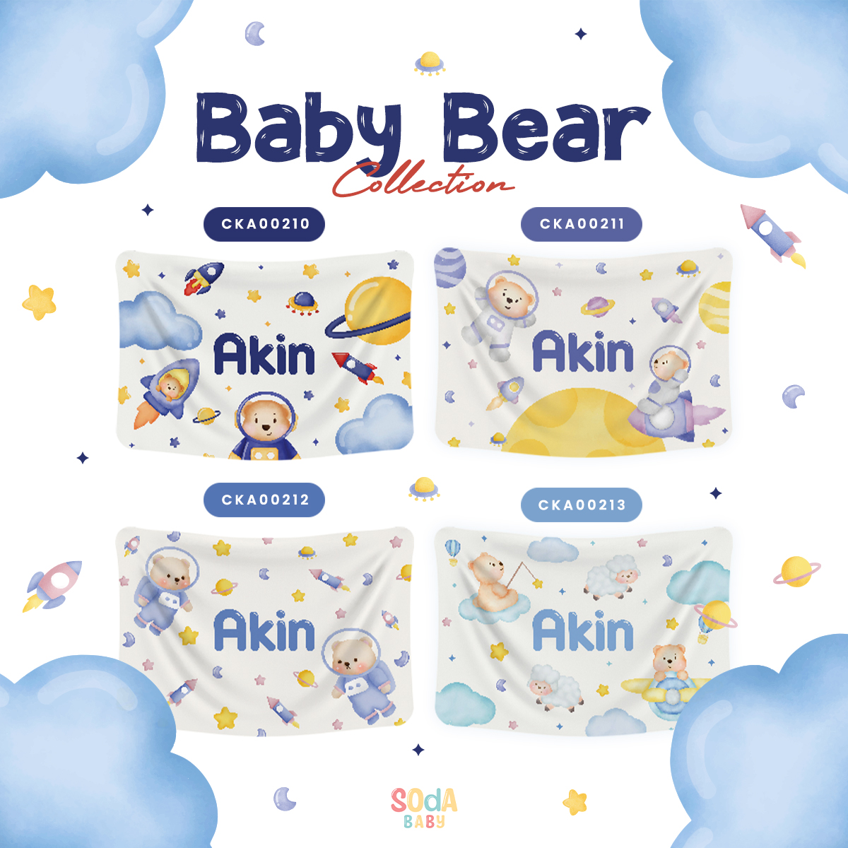 ผ้าห่มเด็ก ใส่ชื่อได้ ลาย Bear Space 3 🚀 Baby Bear Collection 🧸 รหัส CKA00212 #ผ้าห่ม #SOdAbaby