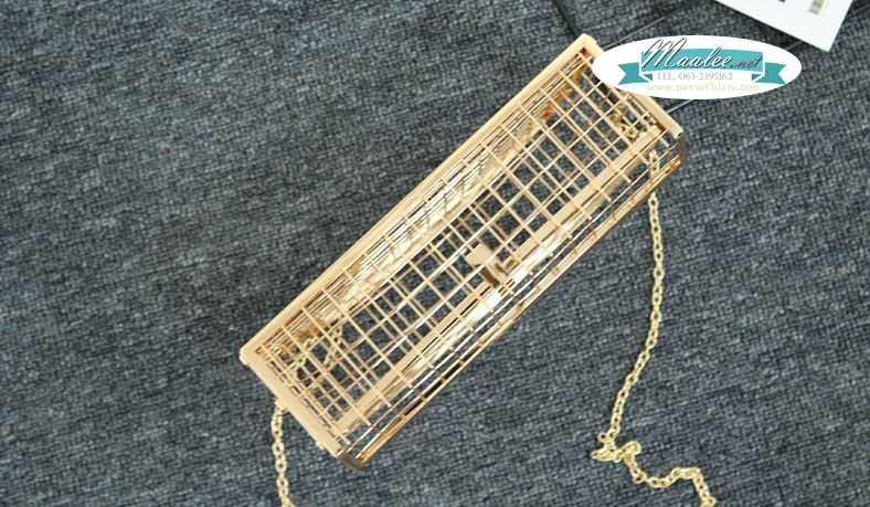 พร้อมส่ง Evening Clutch กระเป๋าออกงาน สีทอง แบบโปร่งลายตาราง ใส่ของได้เยอะ พร้อมสายโซ่