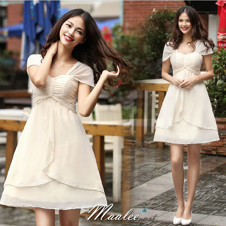 พร้อมส่ง ชุดราตรีสั้น แบบปิดไหล่ สไตล์เรียบหรู สีครีม อกจับจีบพร้อมเชือกผูกเป็นโบว์ (คนท้องใส่ได้)