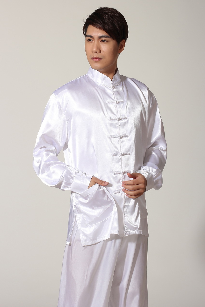 Preorder ชุดจีนชาย แขนยาวผ้าแพร สีขาว ขาจั๊ม