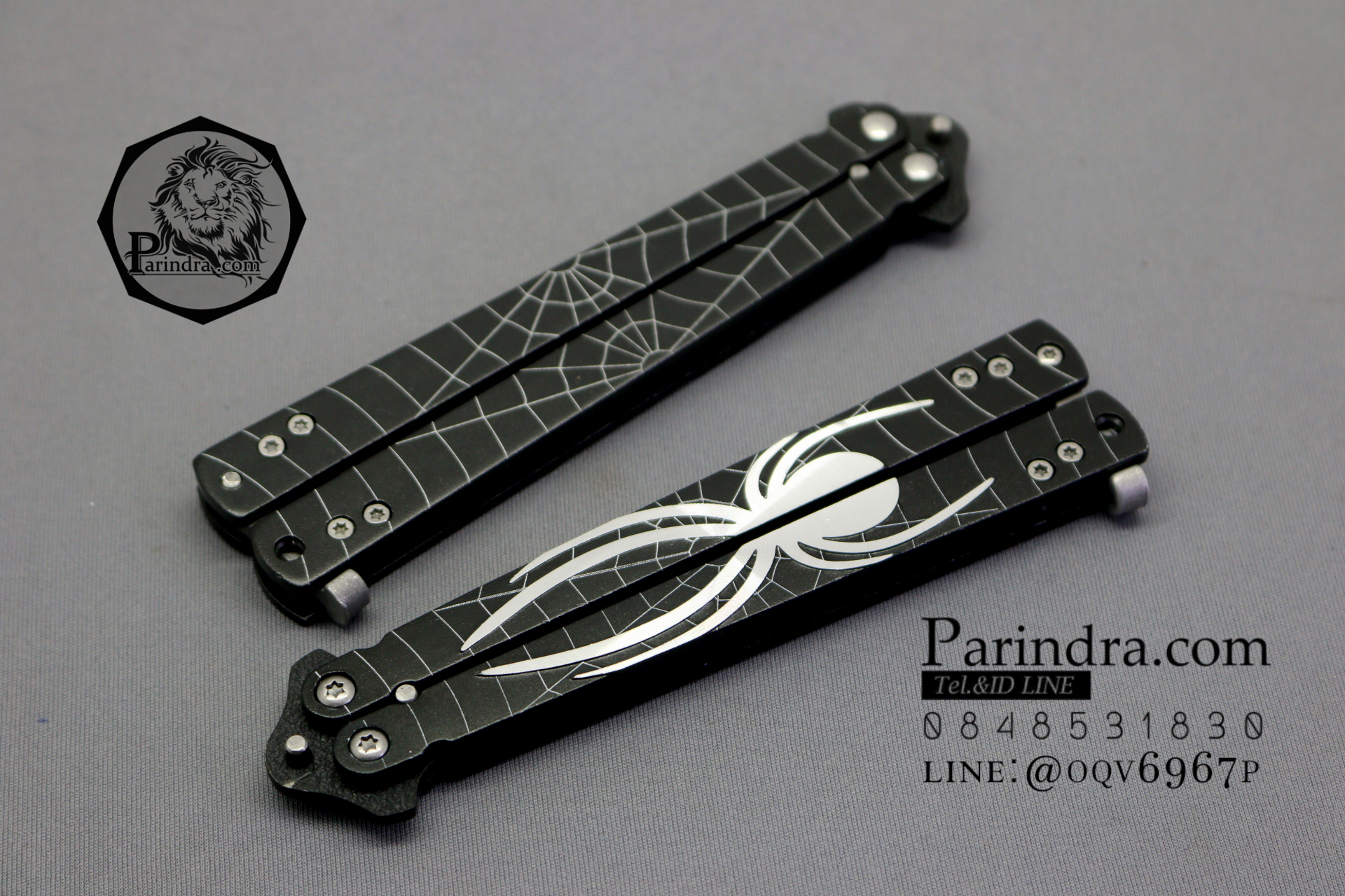 มีดบาลีซอง Balisong มีดควง มีดปีกผีเสื้อ ลายแมงมุม ด้ามสีดำ ใบมีดสีดำผิวทราย BLA025