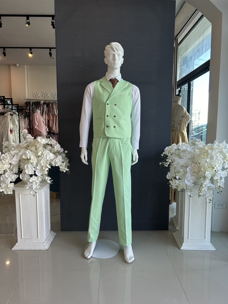 พร้อมเช่า ชุดสูทชาย สีเขียวพาสเทล 1 กระดุม (พร้อมเสื้อกั๊ก) ผ้า Cotton twill 100% ทอลายในตัว