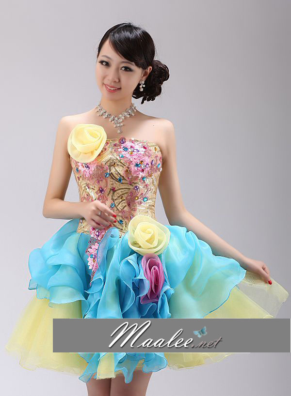 พร้อมเช่า ชุดแฟนซี เช่า 500 ชุดราตรีสั้น เกาะอก ปักเลื่อมแต่งคริสตัลช่วงบน กระโปรงผ้าแก้วพองสวย