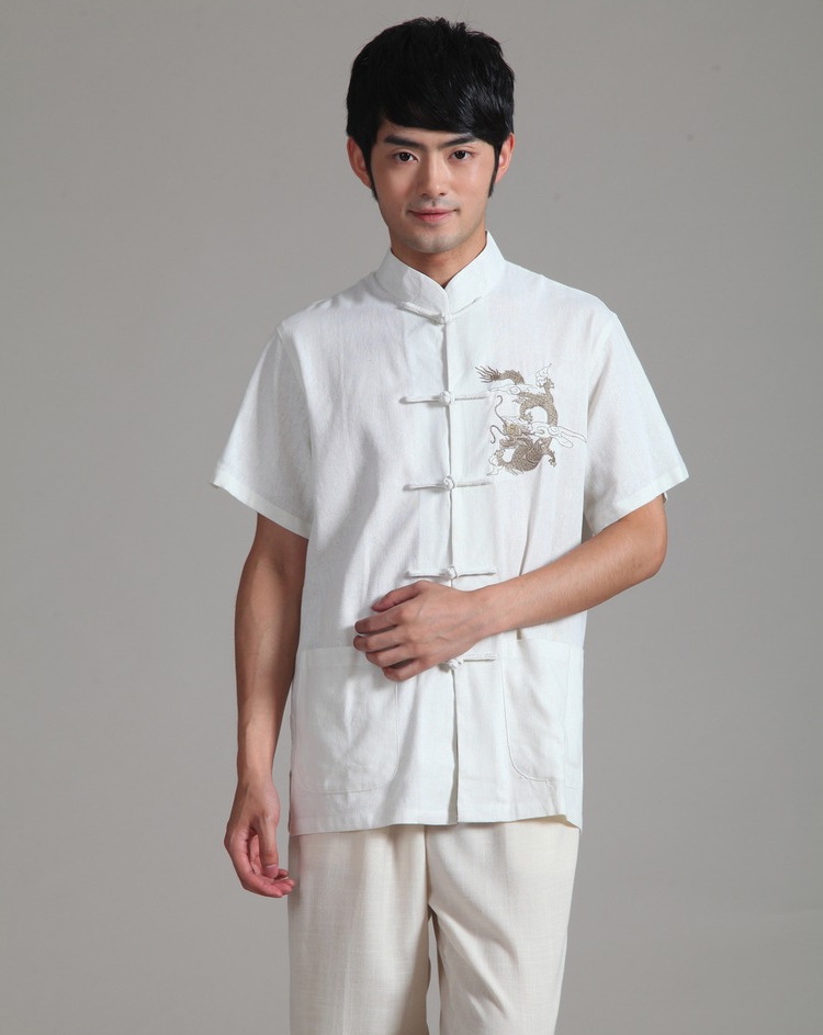Pre-order ชุดจีน เสื้อจีนชาย แขนสั้น ผ้าฝ้าย สีขาว ปักลายมังกร