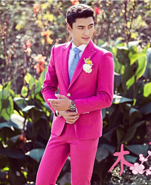 พร้อมเช่า ชุดสูทชาย สี Hot Pink สูท 2 กระดุม ไม่มีกั๊ก