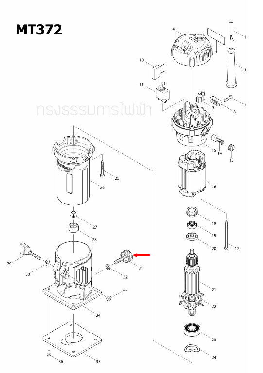 THUMB SCREW M6X25 ทริมเมอร์, เครื่องขัดกระดาษทราย Maktec-Makita MT372 [#31], MT940, MT941 [#37], M3700, M3700B, M9400 [#31] Pn.265763-7 (แท้) ## (*)