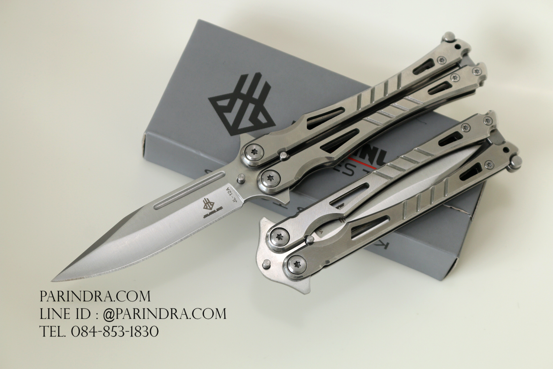 มีดปีกผีเสื้อ Balisong JINJUNLANG ปลาย แหลม ด้ามสีเงิน BLA A001
