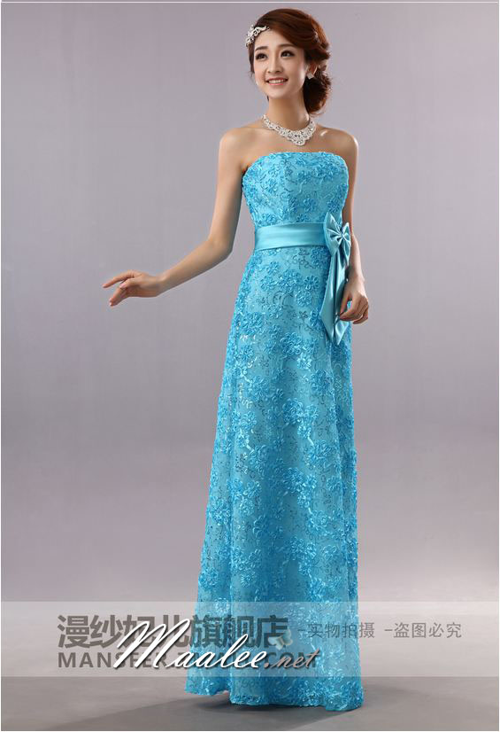 พร้อมส่ง ชุดราตรียาว เกาะอก สีฟ้า ลูกไม้ริบบิ้นปักเลื่อม ทรงหางปลาพร้อมโบว์คาดเอว