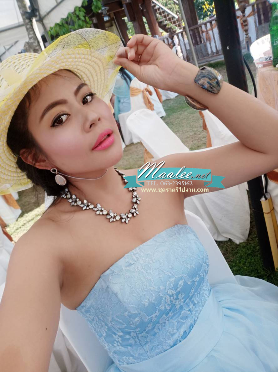 พร้อมเช่า ชุดราตรีสั้น เกาะอก แต่งลูกไม้กระโปรง3ชั้น ผ้าแก้ว ผ้าคาดเอวซาติน หน้าสั้นหลั้งยาว สีฟ้า