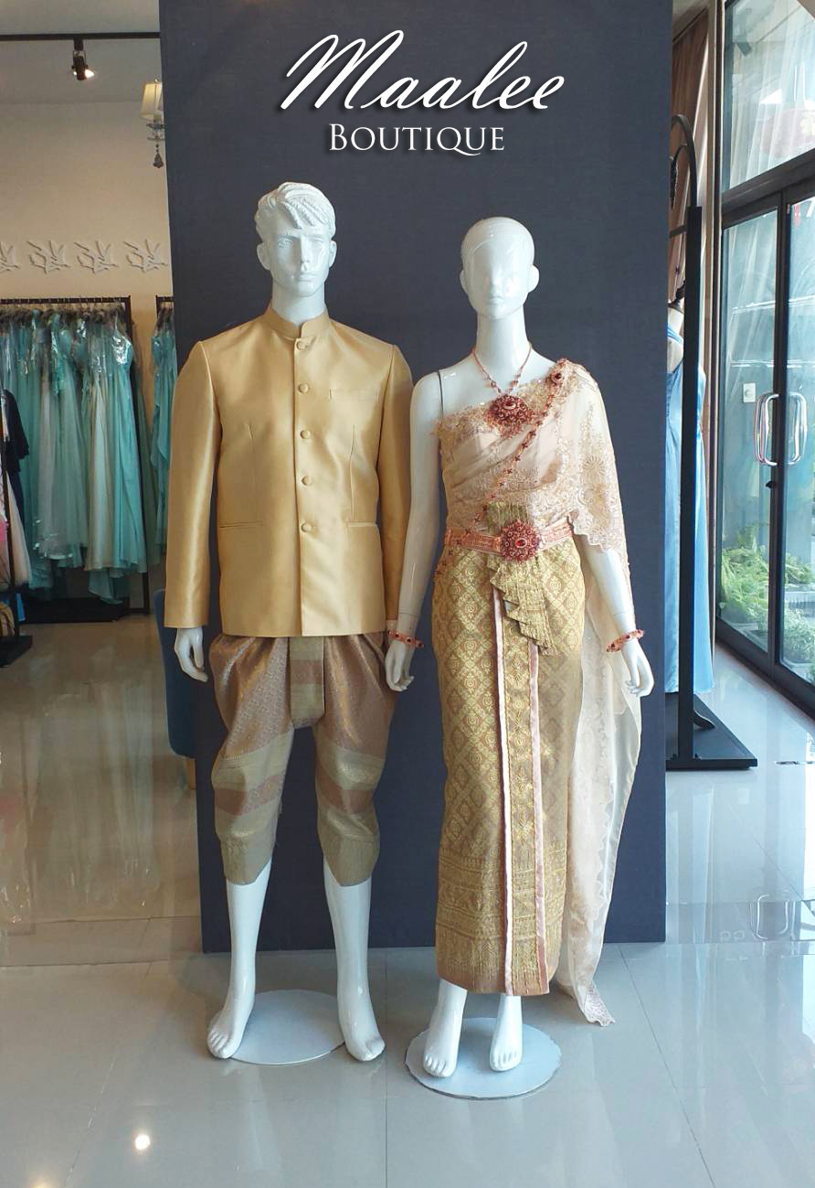 พร้อมเช่า ชุดแต่งงานไทยประยุกต์ สไบลูกไม้สีชมพูนู๊ดทอง (ราคาเช่าเป็นคู่)