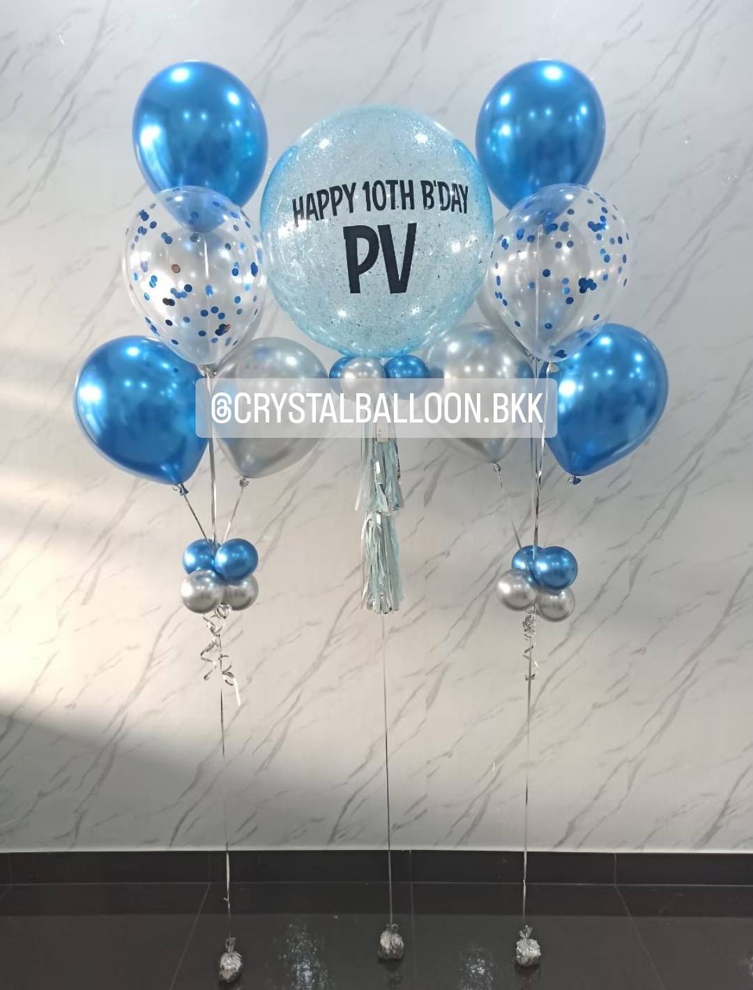 ลูกโป่ง วันเกิดเด็ก Bubble ขนาด 24'' Theme สีฟ้า พร้อมตกแต่ง ช่อลูกโป่ง 5 ลูก 2 ช่อ,ลูกโป่งใส ใส่ Confetti สามารถเปลี่ยนสีลูกโป่ง/เปลี่ยนข้อความ/เปลี่ยนขนาดได้