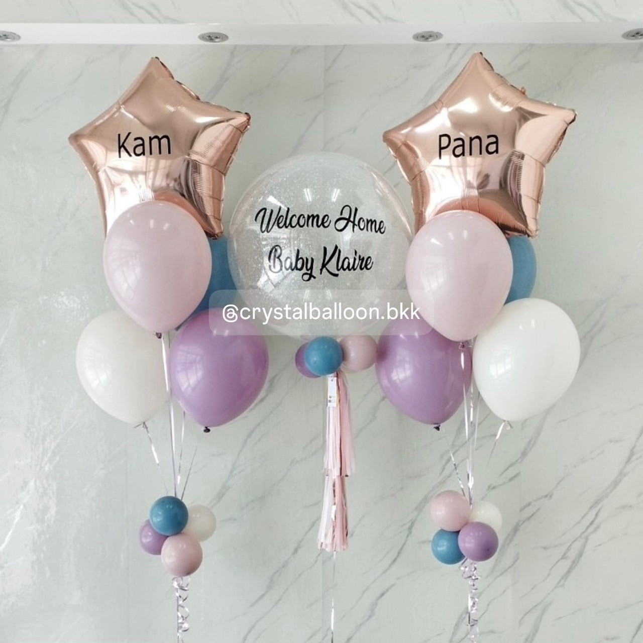 ลูกโป่ง Welcome Home Bubble24" กลิตเตอร์สีขาวมุก, ช่อลูกโป่ง 5 ลูก 2 ช่อ พร้อม ฟอยล์ดาว ขนาด 24" พร้อมตกแต่ง สามารถเปลี่ยนสีลูกโป่ง/เปลี่ยนข้อความ/เปลี่ยนฟอยล์ตกแต่งได้