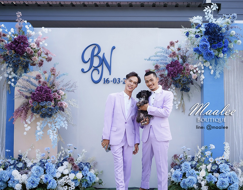 พร้อมเช่า ชุดสูทชาย สีม่วงพาสเทล สไตล์เกาหลี (ไม่มีเสื้อกั๊ก)