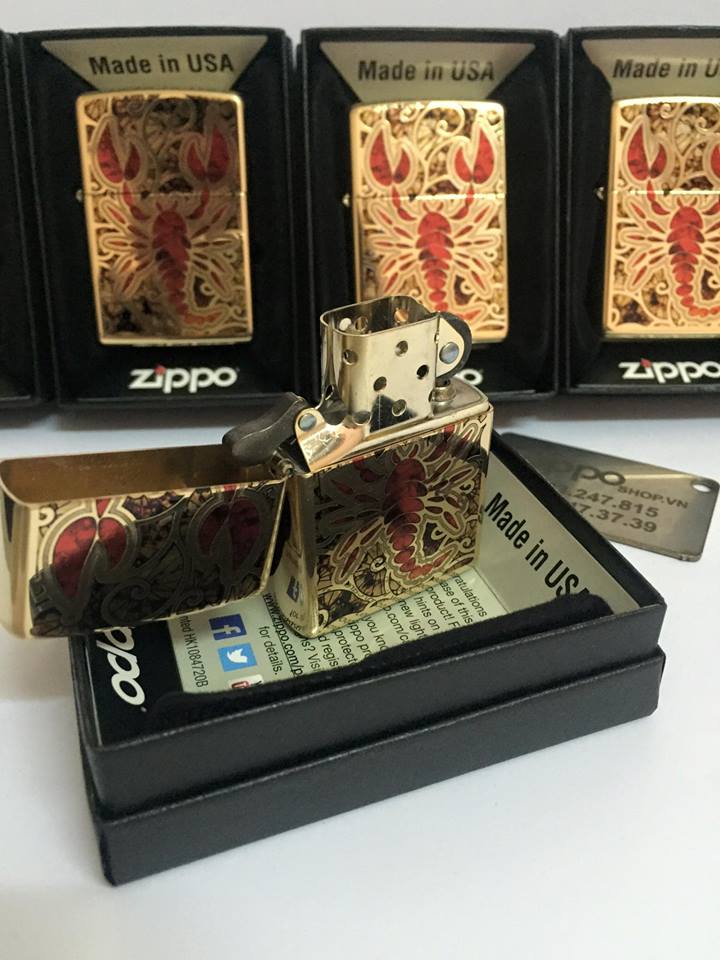 ไฟแช็ค Zippo แท้ แมลงป่อง สีทองอร่าม " Zippo 29096 Scorpion-Fusion, High Polish Brass " แท้นำเข้า 100%