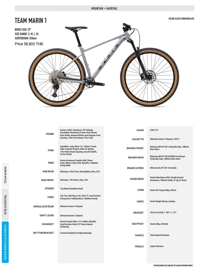 จักรยานเสือภูเขา TEAM MARIN 1 CROSS COUNTRY RACING MTB 29ER 1*12 สปีด DEORE 2021