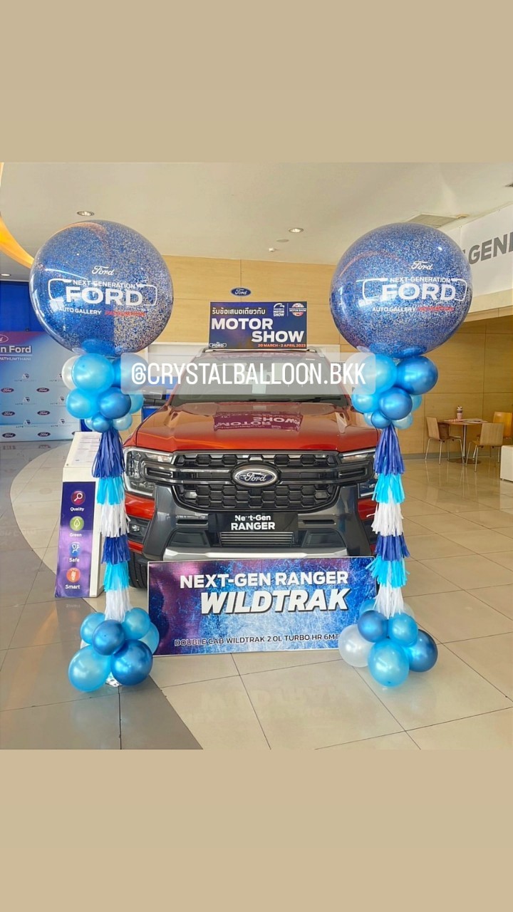 เสาลูกโป่ง เปิดงาน Bubble ขนาด 36" กลิตเตอร์สีน้ำเงิน 2 เสา พร้อมตกแต่ง สามารถเปลี่ยนสีลูกโป่ง/เปลี่ยนข้อความได้
