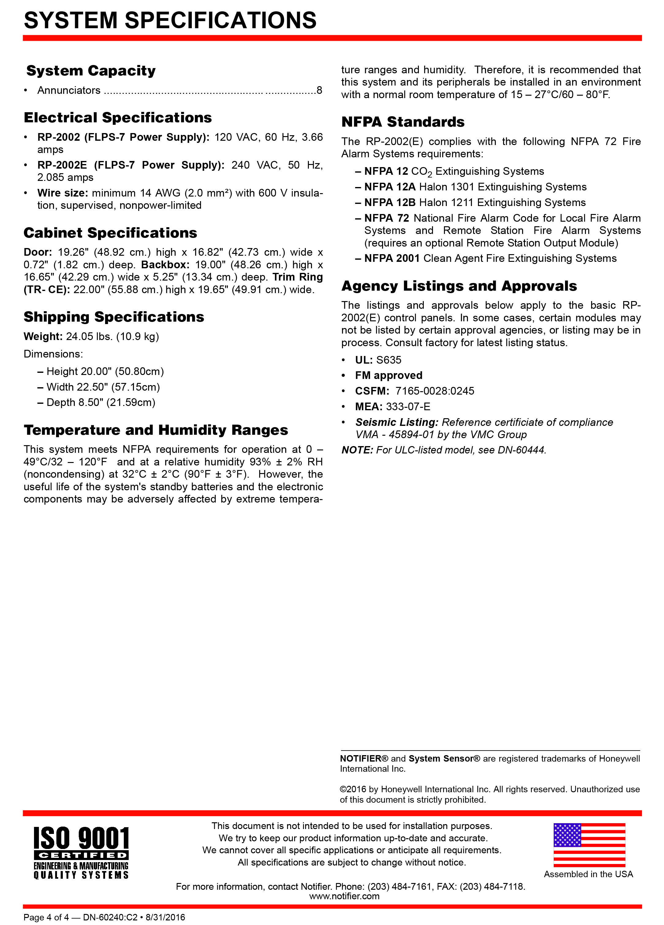 "NOTIFIER" RP2002 (E) Agent Release Control Panel UL Standard