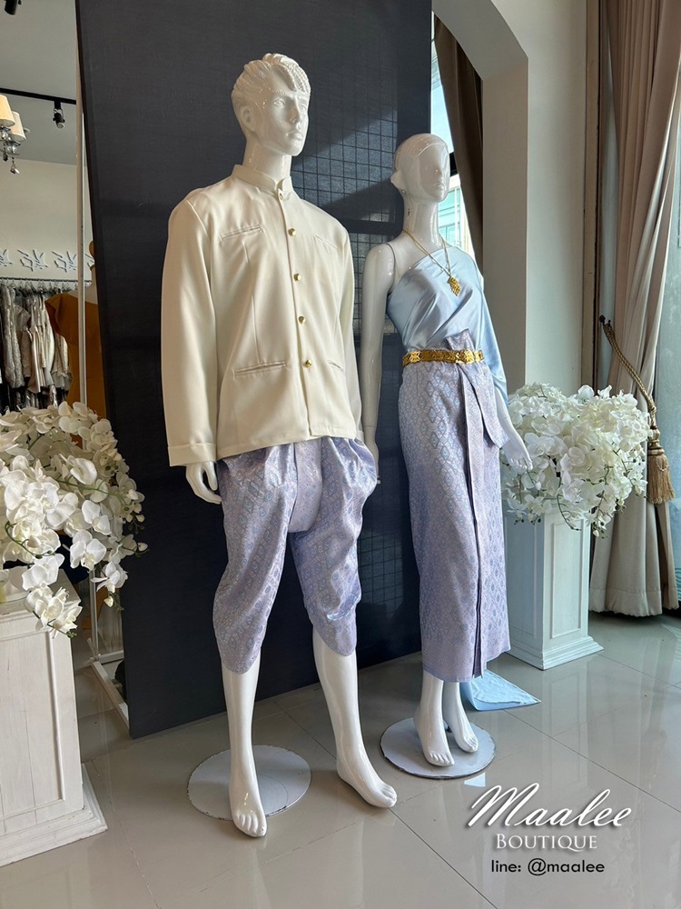 เช่า ชุดไทย ชุดเพื่อนเจ้าสาว ชุดไทยผ้าถุงสีชมพูฟ้าเงิน สไบเรียบสีฟ้า