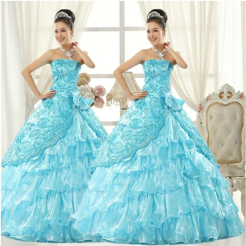 พร้อมเช่า ชุดแฟนซี ชุดราตรียาว เกาะอก สีโอโรส ผ้าแก้วพิมพ์ลายสวย กระโปรงแต่งระบาย