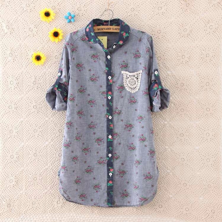 เสื้อเชิ้ตผ้าป่านลายดอกไม้