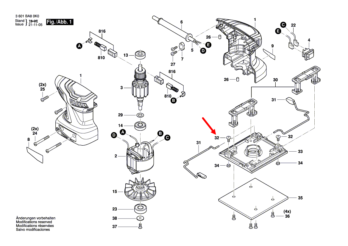 สกรู เครื่องขัดกระดาษทราย แบบสั่น-จตุรัส Bosch บอช GSS140 [#32] Pn.160343005U (แท้)##