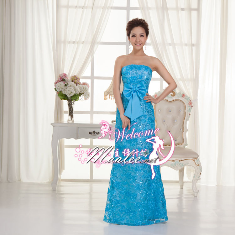 พร้อมส่ง ชุดราตรียาว เกาะอก สีฟ้า ลูกไม้ริบบิ้นปักเลื่อม ทรงหางปลาพร้อมโบว์คาดเอว