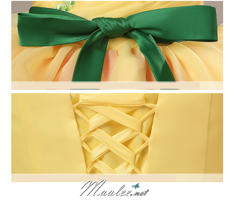 พร้อมเช่า ชุดแฟนซี ชุดราตรียาว แบบเกาะอก กรโปรงผ้าแก้ว สีเหลือง+ชมพู อกแต่งลูกปัดหรู โบว์คาดเอวสีเขียว