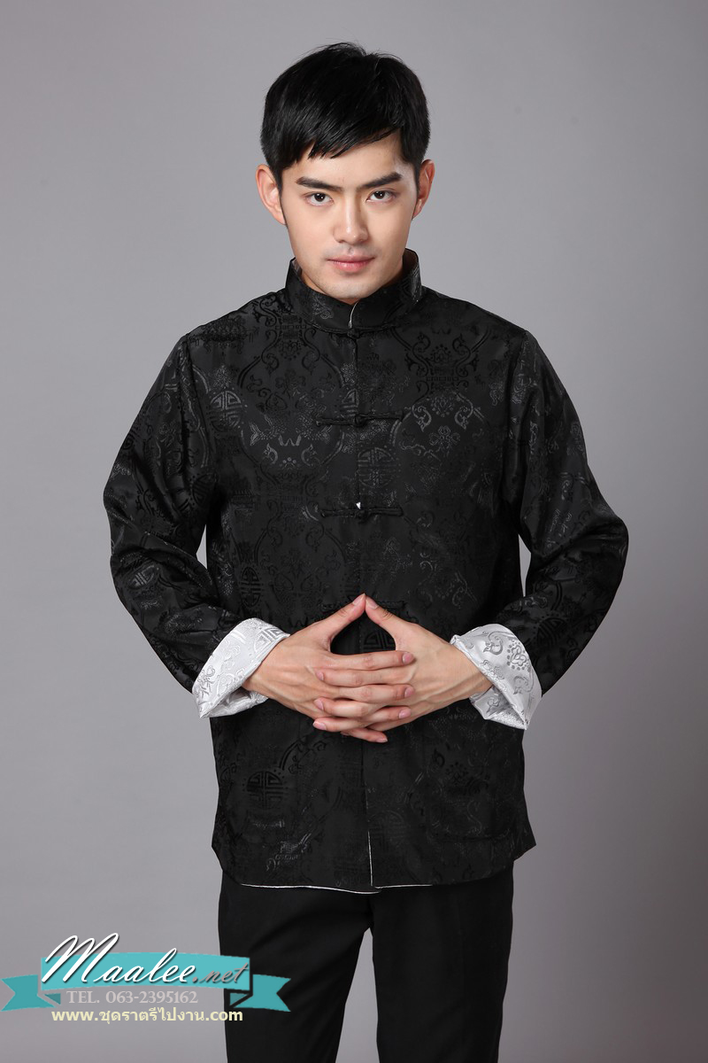 Preorder ชุดจีน ชาย เสื้อผ้าแพร สีดำ/ เทาเงิน ใส่ได้สองด้าน