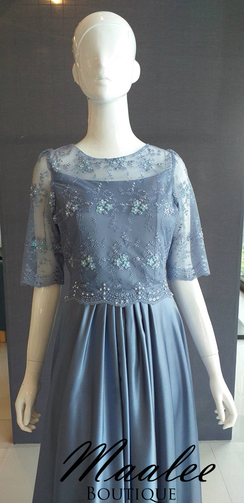 พร้อมเช่า ชุดเดรส ชุดแม่เจ้าสาว แขนยาวลูกไม้ สีฟ้าอมเทา