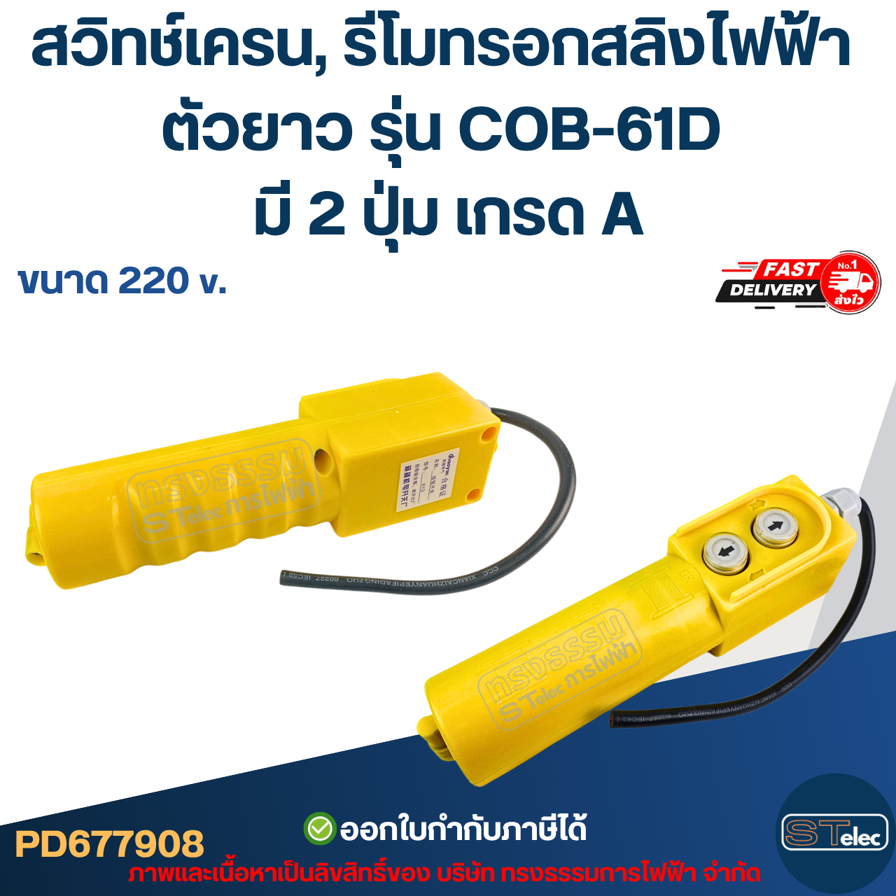 สวิทช์เครน, รีโมทรอกสลิงไฟฟ้า ตัวยาว ขนาด 220V. รุ่น COB-61D มี 2 ปุ่ม เกรด A