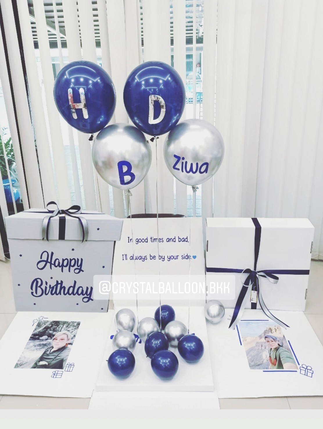 Happy Birthday Surprise Box กล่องเซอร์ไพรส์วันเกิด Theme Dark Blue-เงิน พร้อมตกแต่ง สามารถใส่รูปได้ 2 ใบ สามารถเปลี่ยนสีลูกโป่ง/เปลี่ยนข้อความได้