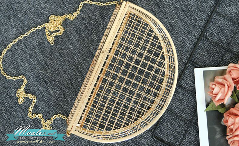 พร้อมส่ง Evening Clutch กระเป๋าออกงาน สีทอง แบบโปร่งลายตาราง ใส่ของได้เยอะ พร้อมสายโซ่