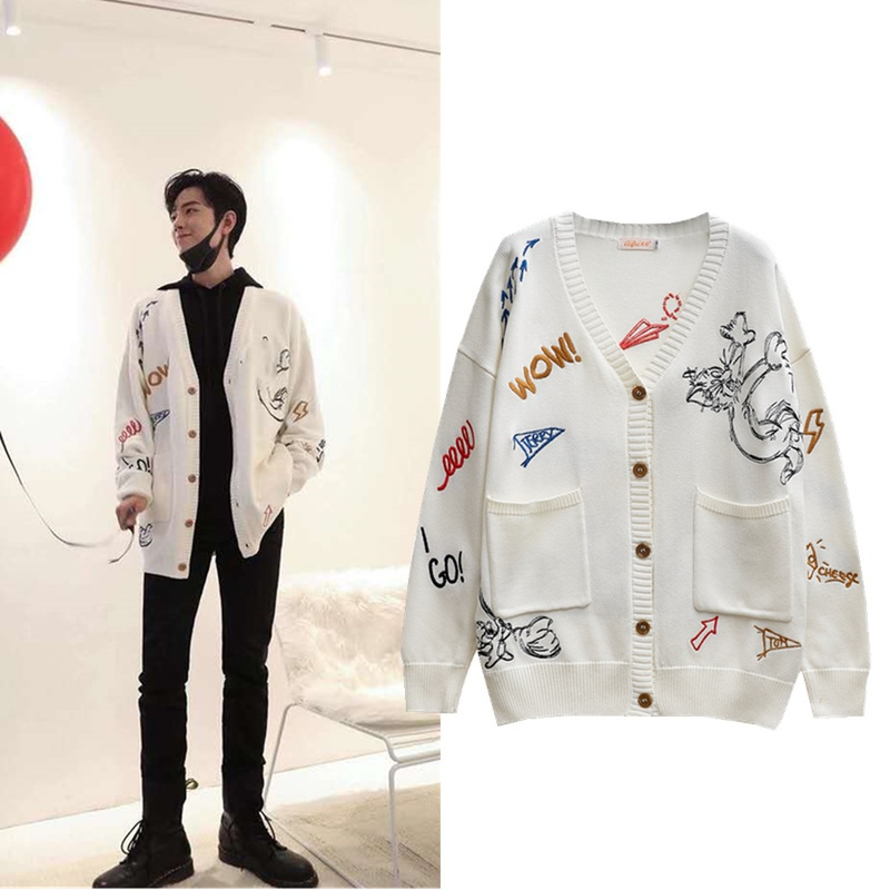 เสื้อคาร์ดิแกนไหมพรมสีขาว Tom&Jerry แบบ เซียวจ้าน
