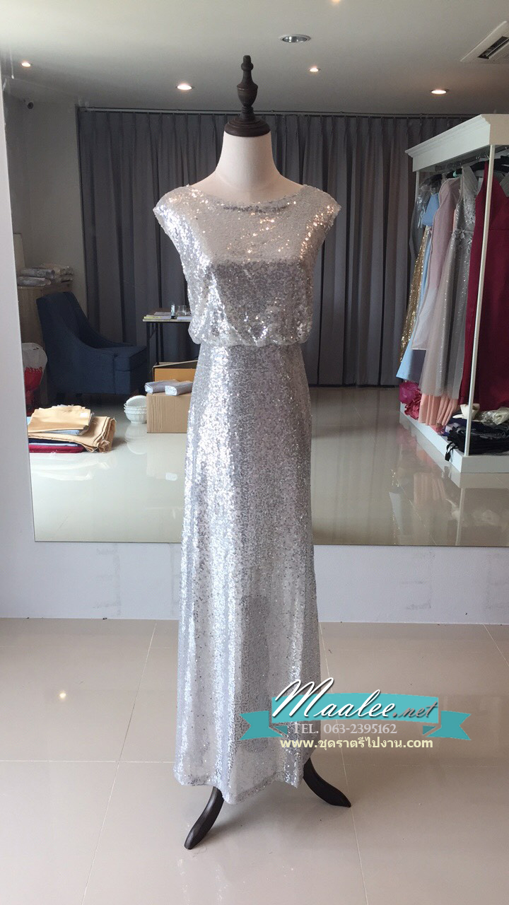 พร้อมเช่า ชุดราตรีแนวGatsby ปักเลื่อม แขนกุดเข้ารูป ออกงานกลางคืน ด้านหลังเป็นซีทรูแนวเซ็กซี่ สีเงิน (ซิปหลัง)