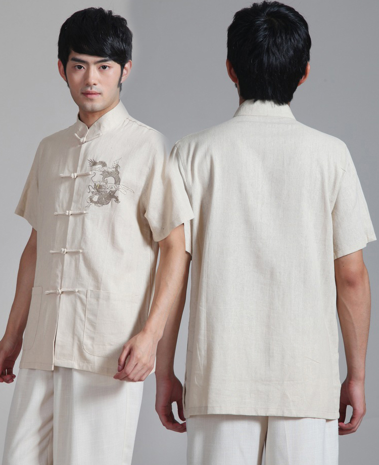 Pre-order ชุดจีน เสื้อจีนชาย แขนสั้น ผ้าฝ้าย สีครีม ปักลายมังกร