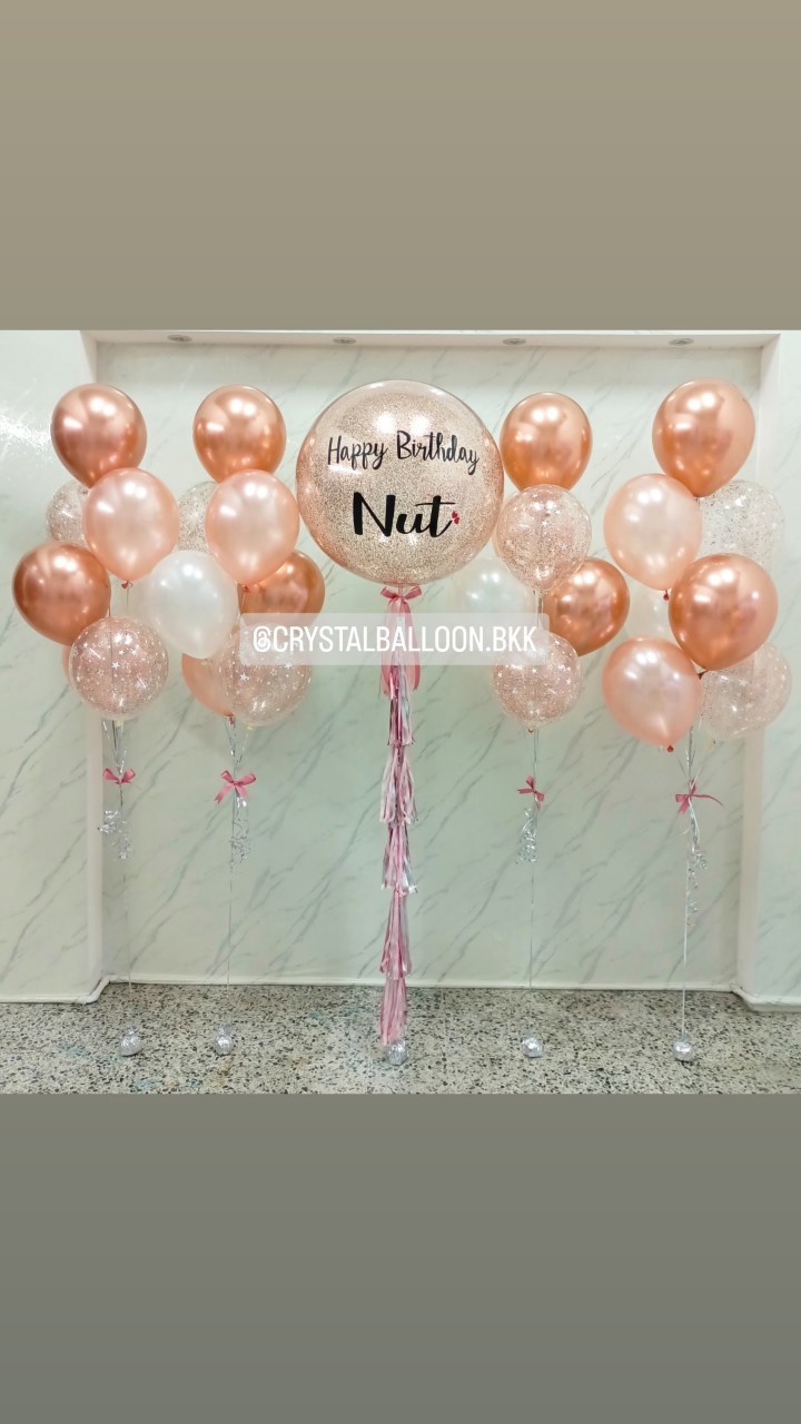ลูกโป่ง วันเกิด Bubble ขนาด 36" กลิตเตอร์สีโรสโกล พร้อม ช่อลูกโป่ง ช่อ 7 ลูก 4 ช่อ พร้อมตกแต่ง สามารถเปลี่ยนสีลูกโป่ง/เปลี่ยนข้อความ/เปลี่ยนขนาดได้