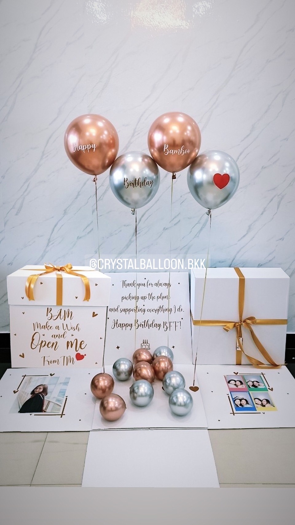Happy Birthday Surprise Box Theme สีโรสโกล-เงิน พร้อมตกแต่ง สามารถใส่ได้ 2 ใบ สามารถเปลี่ยนสีลูกโป่ง/เปลี่ยนข้อความ/เปลี่ยนขนาดได้