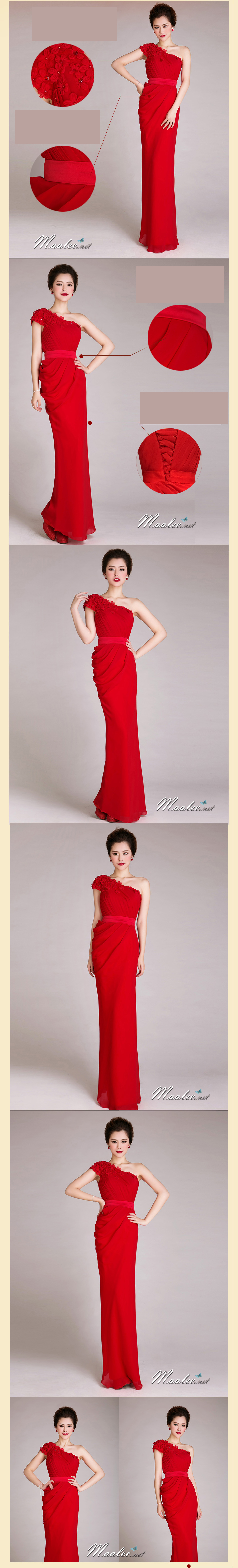 พร้อมเช่า ชุดราตรียาว ไหล่เฉียง ทรงเข้ารูปผ้าชีฟองนิ่มใส่สบายกระโปรงจับจีบย้วย ไหล่แต่งดอก สีแดง