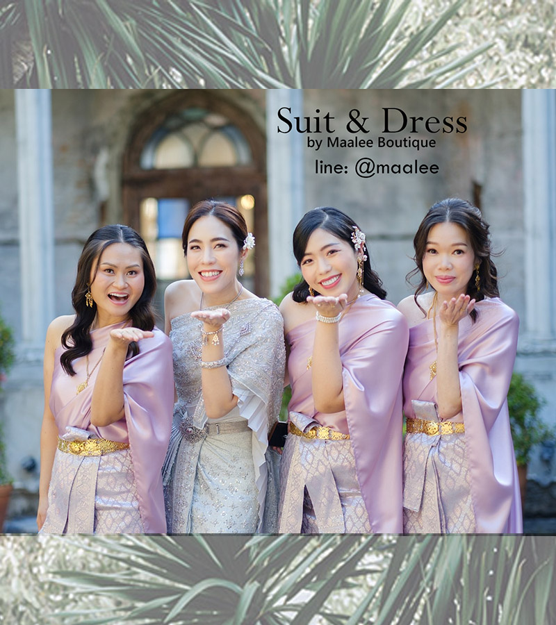 เช่า ชุดไทย ชุดเพื่อนเจ้าสาว ชุดไทยผ้าถุงสีเทาชมพูเงิน สไบเรียบสีชมพู