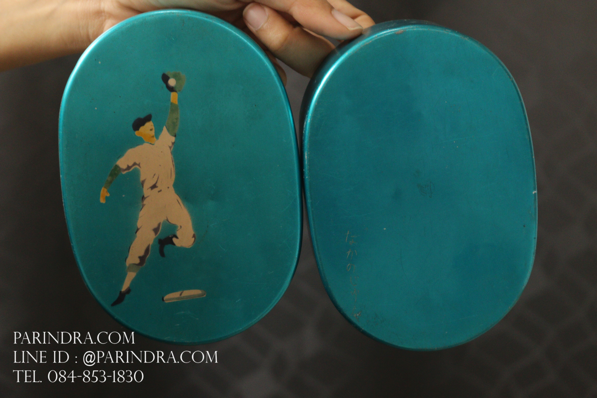 กล่องอลูมิเนียมเก่า ทรงกลมรี นักเบสบอล JAPAN