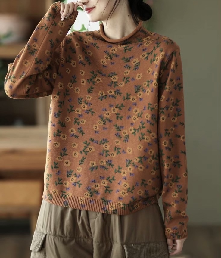 เสื้อไหมพรมคอเต่าลายดอกไม้
