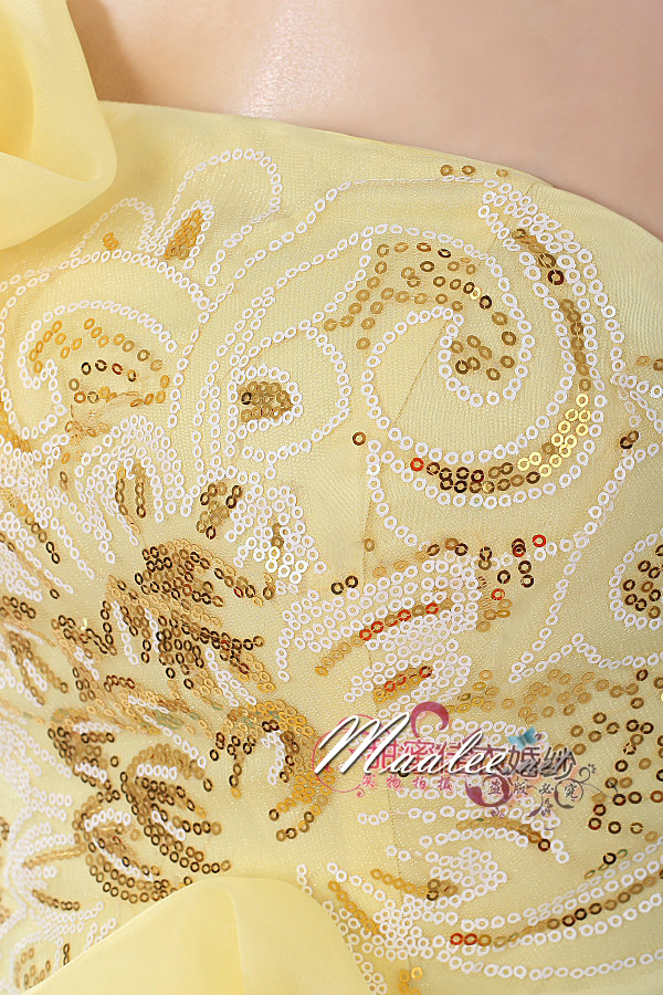 พร้อมเช่า ชุดแฟนซี ชุดราตรีสั้น เกาะอก สีเหลือง/ฟ้า แต่งดอกไม้ อกแต่งเลื่อม กระโปรงผ้าแก้ว น่ารักฟรุ้งฟริ้ง