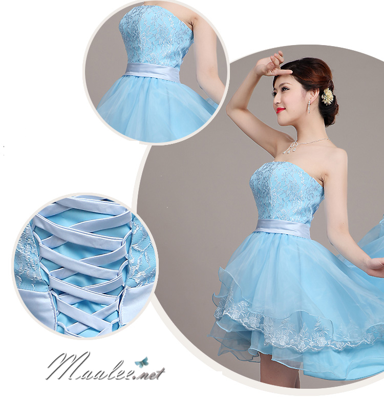 พร้อมเช่า ชุดราตรีสั้น เกาะอก แต่งลูกไม้กระโปรง3ชั้น ผ้าแก้ว ผ้าคาดเอวซาติน หน้าสั้นหลั้งยาว สีฟ้า