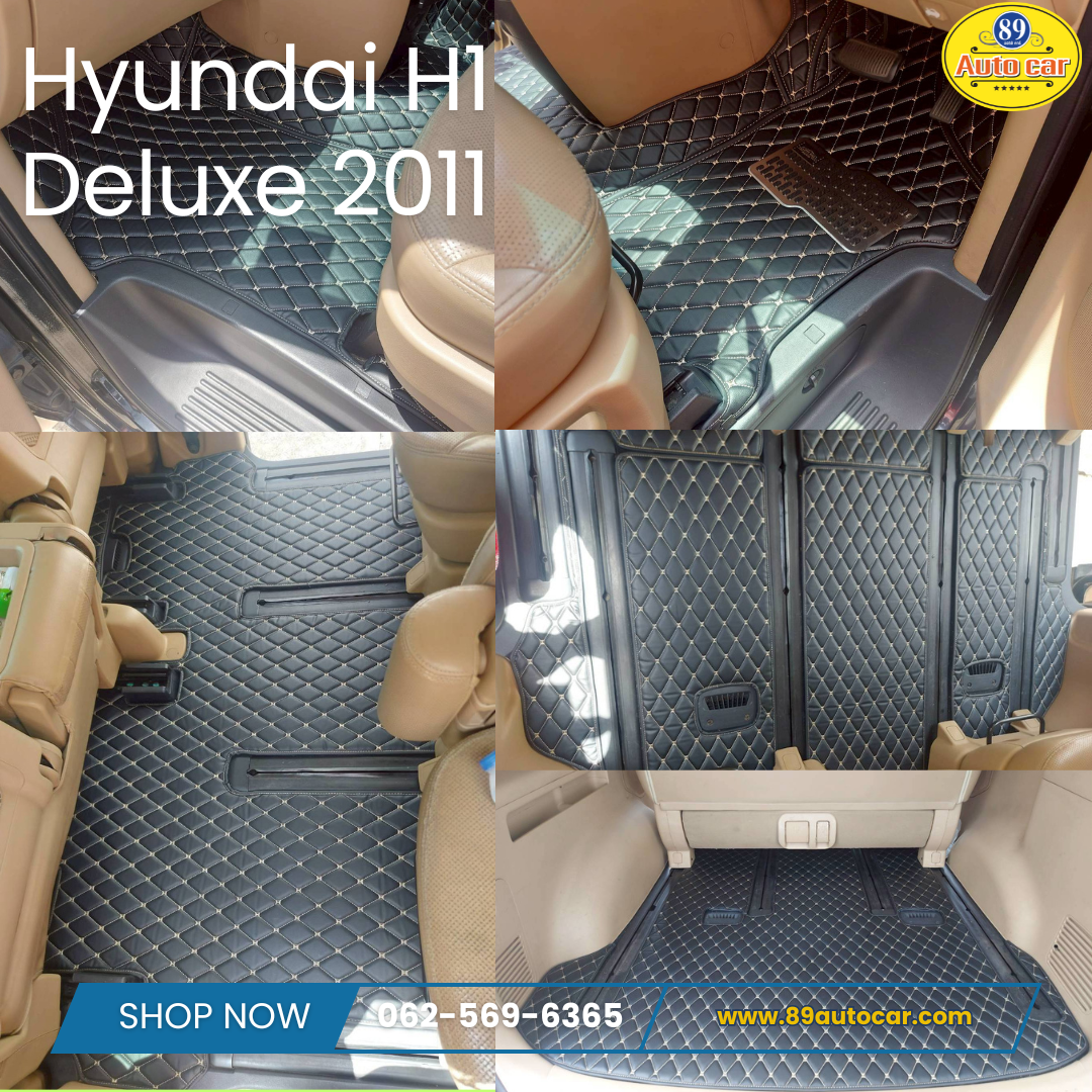พรมปูพื้นรถตู้ Hyundai H1 Deluxe 2011 ปูพรม6D สีดำด้ายทอง เต็มคัน