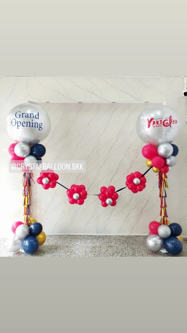 เสาลูกโป่ง เปิดร้าน Bubble ขนาด 36" กลิตเตอร์สีเงิน 2 เสา พร้อม ริบบิ้นตัดเปิดงาน 3 ท่าน พร้อมตกแต่ง สามารถเปลี่ยนสีลูกโป่ง/เปลี่ยนข้อความได้
