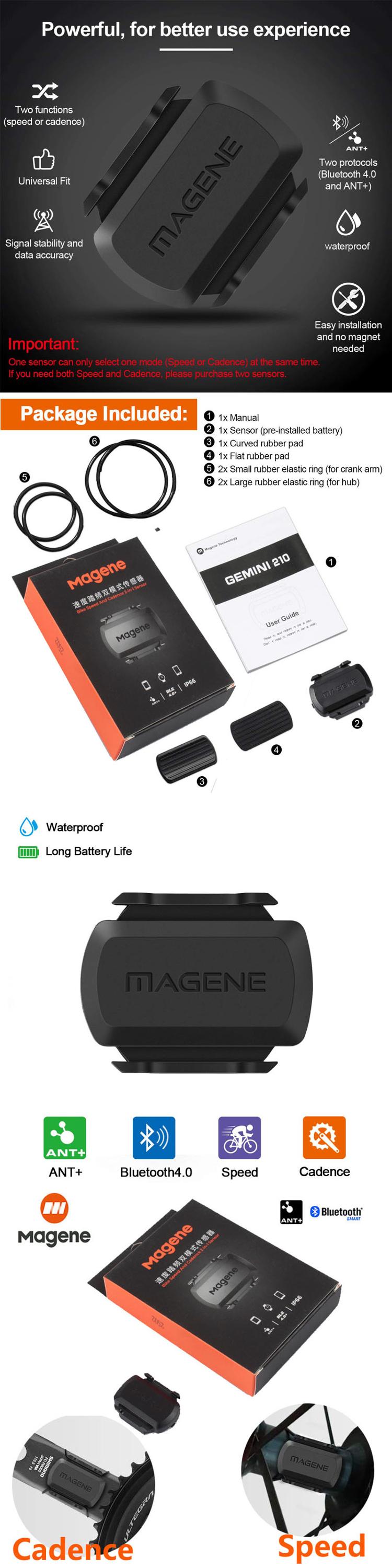 เซนเซอร์วัดความเร็ว/วัดรอบขา MAGENE S3+, COMBO SPEED/CADENCE SENSOR, เชื่อมต่อได้ทั้ง บลูทูทและ ANT+ ใช้แม่เหล็ก