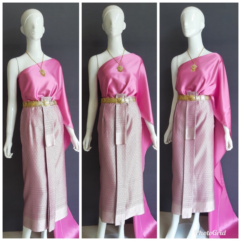 เช่า ชุดไทย ชุดเพื่อนเจ้าสาว ชุดไทยผ้าถุงสีม่วง สไบเรียบสีชมพูเข้ม