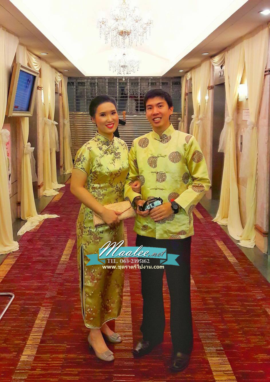 พร้อมส่ง ชุดจีน ชาย เสื้อคอจีน ผ้าไหมจีน ทอลาย สีทอง ลายปั๊มวงกลม (M)