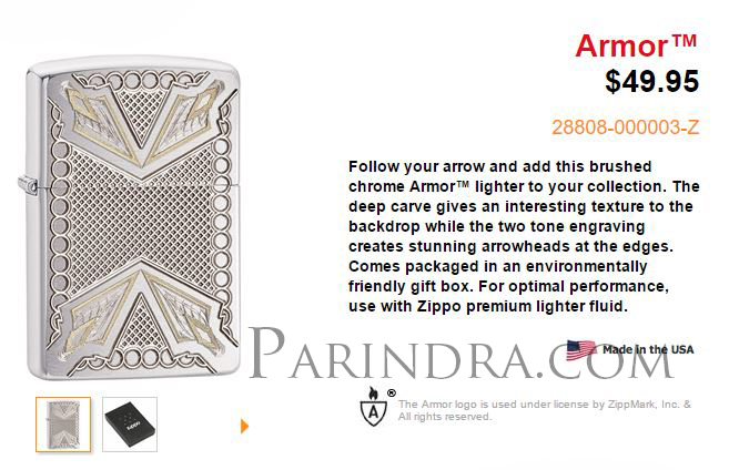 ไฟแช็ค Zippo แท้ ศรจตุรทิศ "Zippo 28808, Armor, Arrowhead Pattern, Deep Carved," แท้นำเข้า 100%